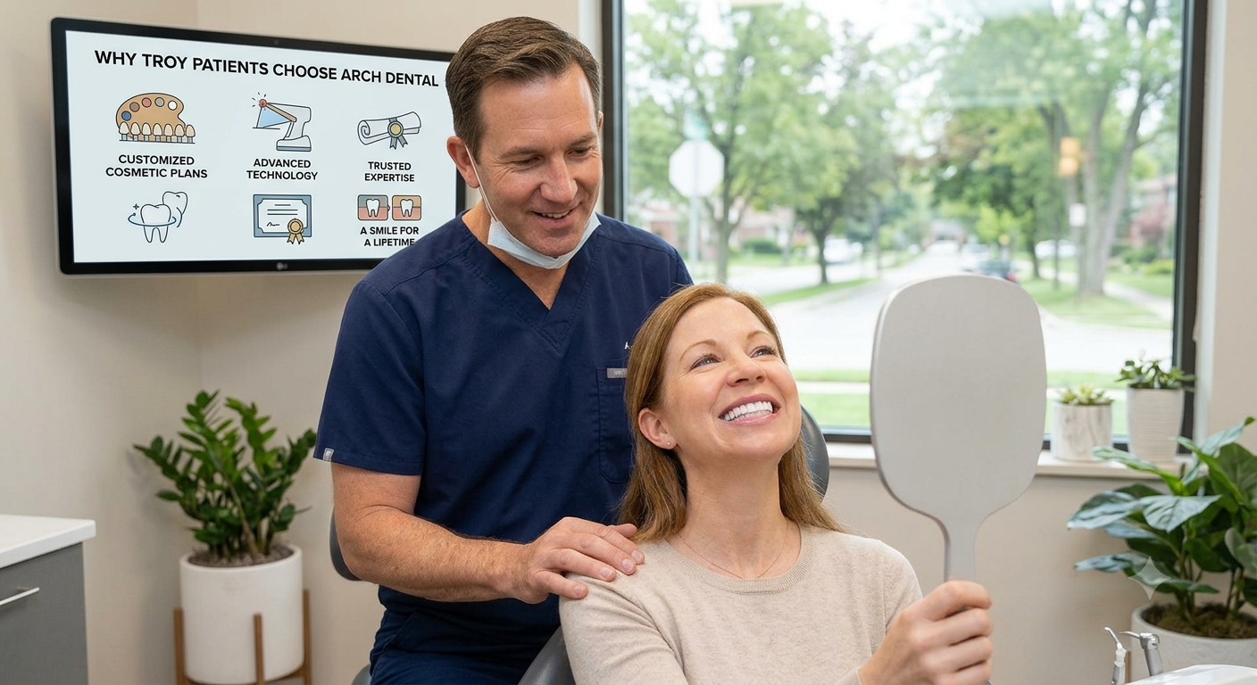 Dentist consulting with a Troy, MI patient about cosmetic whitening options